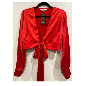 NASTY GAL RED SILK LONG SLEEVE CROP